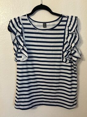 SHEIN Navy & White Striped Ruffle Sleeve Tee